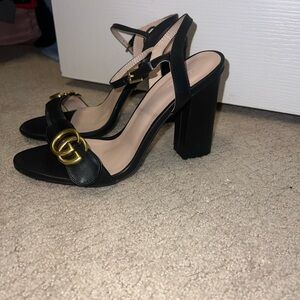 Black High Heel Sandals with Gold Accent